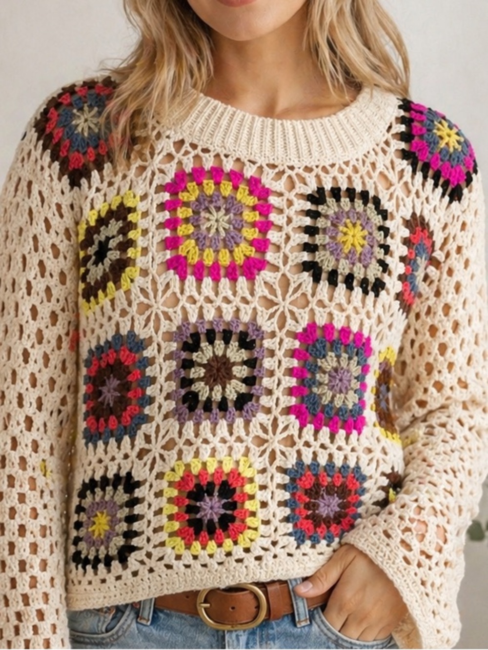 Debut | Crochet Granny Square Sweater | Boho Festival Open Knit | Medium - Picture 9 of 9
